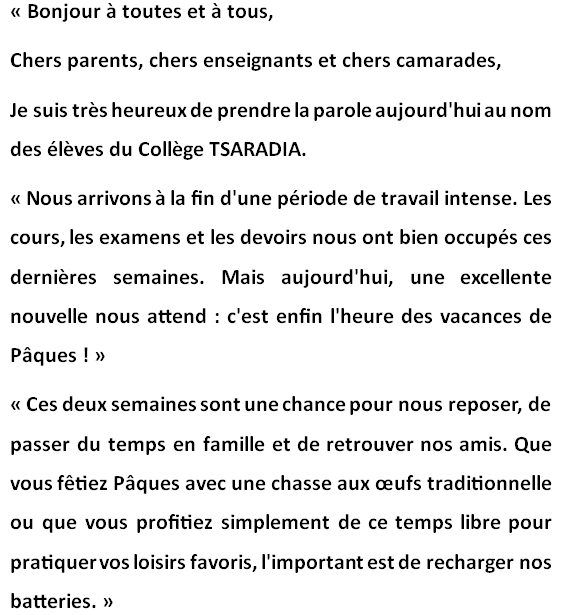 Sortie pour les vacances des Pâques 2026 – Discours de NEHOR - Mars 2026