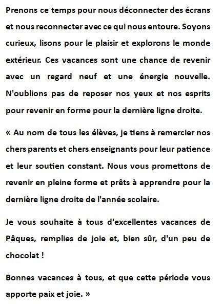 Sortie pour les vacances des Pâques 2026 – Discours de TOHINAY - Mars 2026